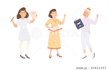 Woman School Teacher or Educator Standing with Book Explaining Something Vector Set 91631357