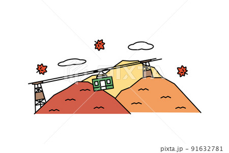 シンプルな紅葉の山とロープウェイ　風景　イラスト 91632781