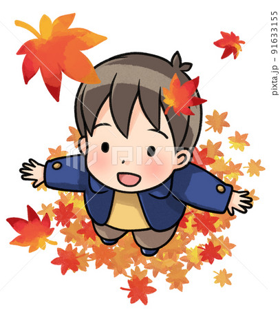 紅葉を見上げる男の子のイラスト素材