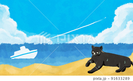 海と黒猫の爽やかなコピースペースのイラスト素材 海と黒猫の爽やかなコピースペースのイラスト素材 91633289