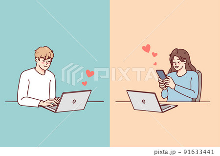 Couple communicate online with relationship on distance  91633441
