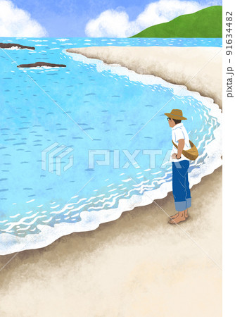 一人で砂浜から海を眺める男性のいる風景のイラスト素材 [91634482