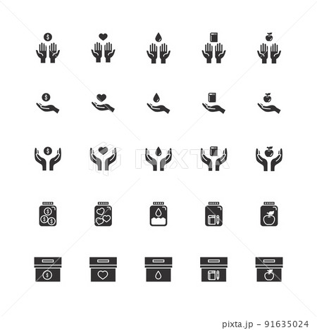 Donate and Charity line icons set.Helping hand, Volunteer help, Heart donations and Care box. design vector Donate and Charity line icons set.Helping hand, Volunteer help, Heart donations and Care box. design vector 91635024