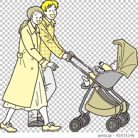 帶嬰兒車出門_黃色_秋裝_家庭 91635146