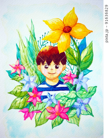 happy child peace boy in flower garden nature fantasy artwork kid mind spiritual positive energy mental health healing holistic therapy art color watercolor painting design illustration 91636829