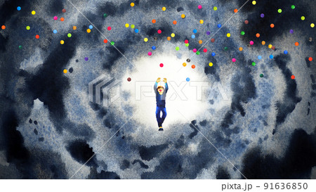 spiritual human happy boy child mental mind soul health connect universe healing peace breath holistic imagine inspiring therapy art illustration watercolor painting fantasy digital collage 91636850