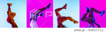 Collage with dancing, moving legs wearing shoes, sneakers, trainers isolated over bright multicolored background in neon. Concept of dance, music, fashion 91637713