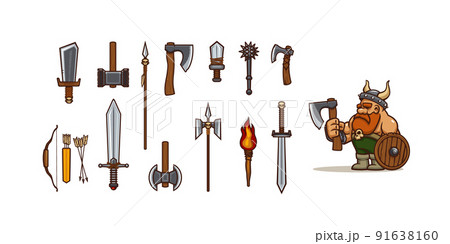 Cartoon viking and different types of weapon set Cartoon viking and different types of weapon set 91638160