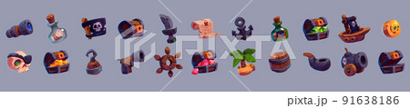 Pirate game icon, cute cartoon vector set 91638186