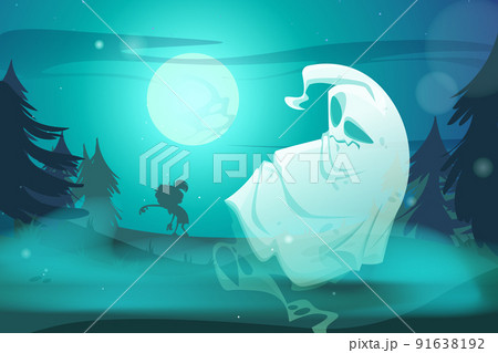 Creepy Halloween background with ghost and zombie 91638192