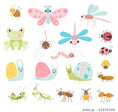 Vector set of cute insects. Funny characters of insects, beetles and invertebrate arthropods, flying and crawling, beneficial and pests. Isolated elements for design, printing and decoration. 91639166