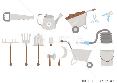 Large collection of garden farming tools. Shovel, rake, pitchfork, bucket, wheelbarrow and watering can, hose and saw, ax and sickle. Vector illustration. Isolated gardening and farming tools. 91639167