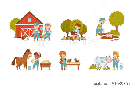 Cute happy kids working on farm set. Children watering plants, harvesting fruit and caring of animals cartoon vector illustration 91639357