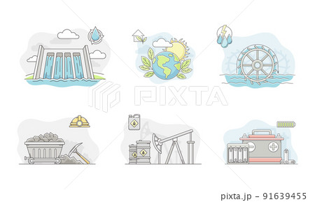 Power generation resources set. Electric energy generation stations vector illustration 91639455