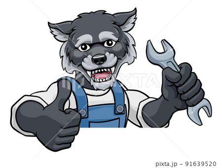 Wolf Plumber Or Mechanic Holding Spanner Wolf Plumber Or Mechanic Holding Spanner 91639520