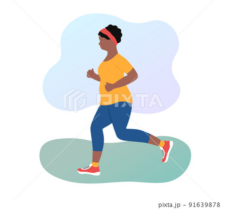 Jogging woman losing weight outdoors. Plump african american girl running in sportswear. Overweight. Morning jog in park. Flat vector illustration Jogging woman losing weight outdoors. Plump african american girl running in sportswear. Overweight. Morning jog in park. Flat vector illustration 91639878