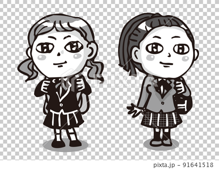 ブレザーの制服を着たかわいい女子生徒二人 モノクロのイラスト素材