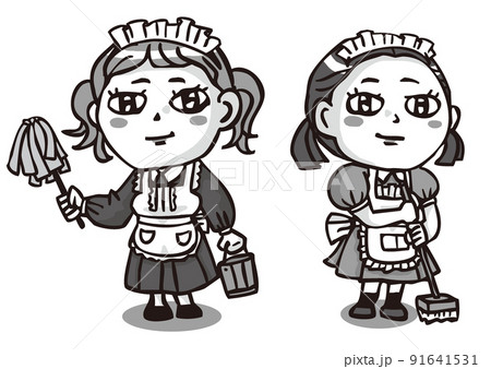 仕事に従事するメイド服の女の子二人・モノクロ 仕事に従事するメイド服の女の子二人・モノクロ 91641531