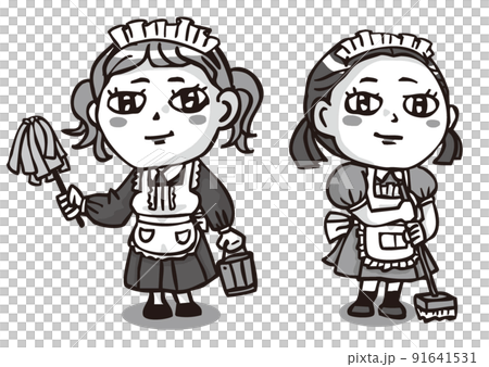 仕事に従事するメイド服の女の子二人・モノクロ 仕事に従事するメイド服の女の子二人・モノクロ 91641531