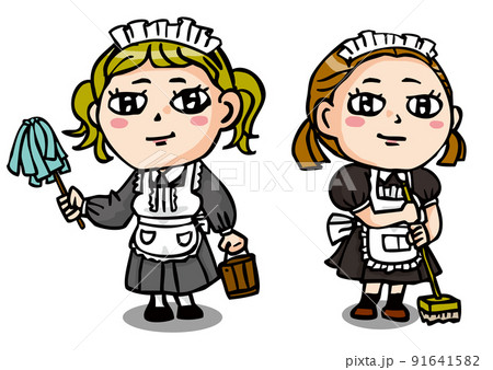 仕事に従事するメイド服の女の子二人 91641582