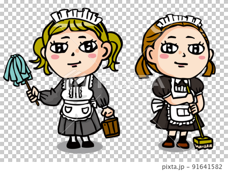 仕事に従事するメイド服の女の子二人 91641582