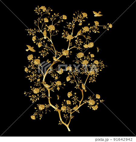 Camellia blossom tree With sparrow, finches, butterflies, dragonflies. Camellia blossom tree With sparrow, finches, butterflies, dragonflies. 91642942