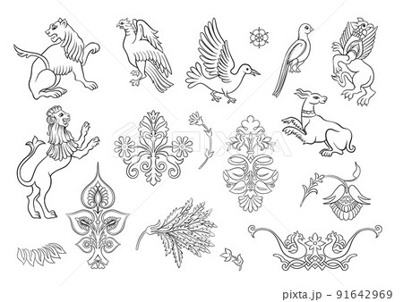Byzantine traditional historical motifs of animals, birds, flowers and plants  91642969