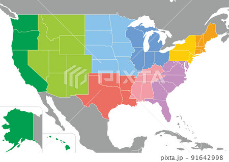 アメリカ合衆国の地図、全50州、9つの地区の色分けのイラスト素材