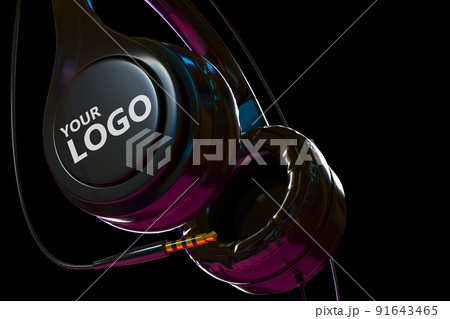 Black headphones with cable for listen music, dj audio headset isolated on dark background. Realistic stereo earphones with sound speakers and white logo in neon light close up angle view, 3d render Black headphones with cable for listen music, dj audio headset isolated on dark background. Realistic stereo earphones with sound speakers and white logo in neon light close up angle view, 3d render 91643465