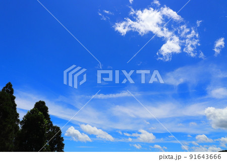 青空 雲 飛行機雲 山地 樹木 青空 雲 飛行機雲 山地 樹木 91643666
