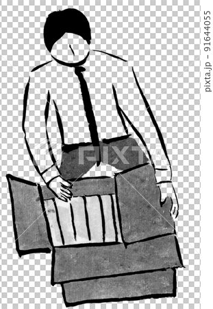 將材料放入紙板中的高個子商人（墨水中的手繪人物插圖） 91644055