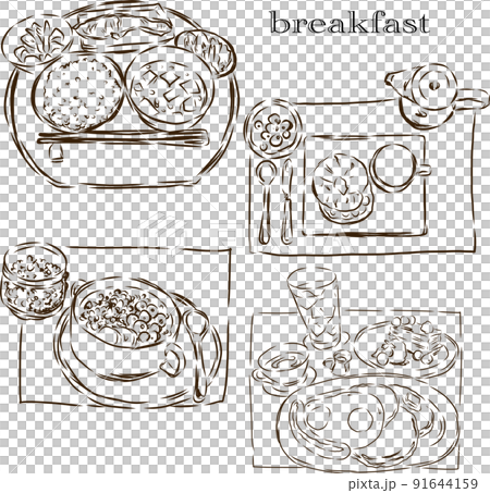 Breakfast set from various countries Brown line drawing 91644159