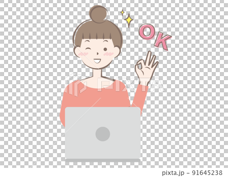 A woman who gives an OK sign by operating a computer A woman who gives an OK sign by operating a computer 91645238