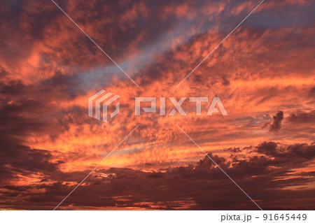 空模様 天候 天候不順 大阪府 天気 嵐の前の静けさ 曇天 うろこ雲 水蒸気 夕焼け 朝焼けの写真素材