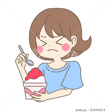 かき氷を食べて頭がキーンとなる女性のカラーイラスト 91645653