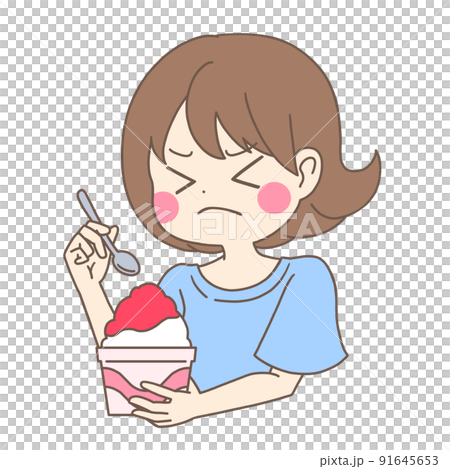 かき氷を食べて頭がキーンとなる女性のカラーイラスト 91645653