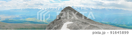 Dramatic panoramic landscape of rocky mountains among the clouds, banner format Dramatic panoramic landscape of rocky mountains among the clouds, banner format 91645899
