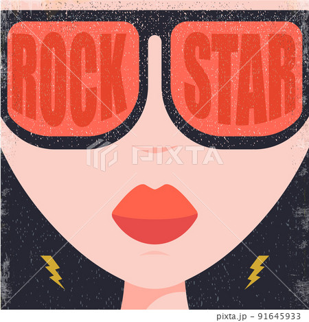 Modern cover with Abstract rock star girl with sunglasses. Stylish and fashion female avatar. Rock n roll party poster design template with woman Modern cover with Abstract rock star girl with sunglasses. Stylish and fashion female avatar. Rock n roll party poster design template with woman 91645933