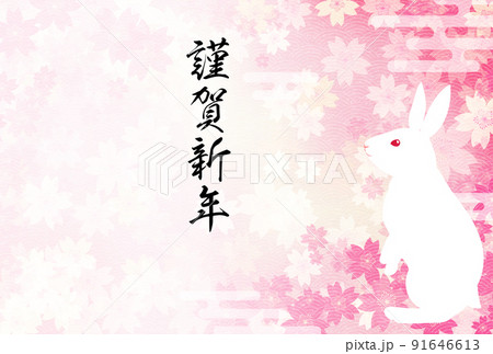 2023年卯年の和風年賀状、うさぎとピンクの和柄と桜 91646613