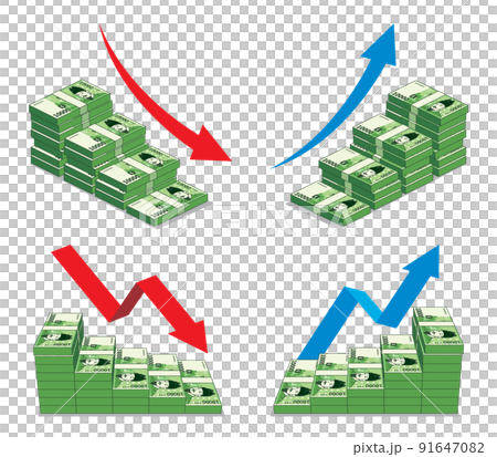 Korean money 10,000 won stacked in a staircase shape with arrows. The rise and fall of the economy. 91647082