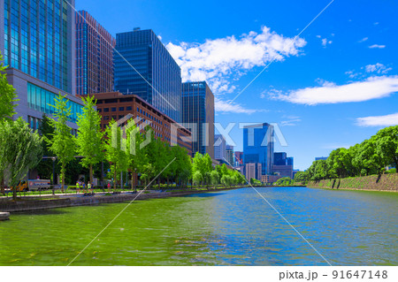 東京駅・馬場先壕の皇居お堀(濠)と日比谷方面のビル群(東京都千代田区) 東京駅・馬場先壕の皇居お堀(濠)と日比谷方面のビル群(東京都千代田区) 91647148