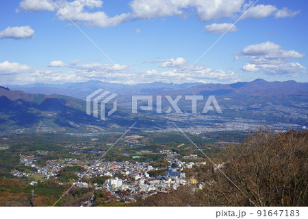 伊香保温泉高根展望台から見える日光白根山、皇海山、赤城山の風景 91647183