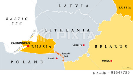 Suwalki Gap, political map. Also known as the Suwalki Corridor, the border starting from the Russian exclave Kaliningrad Oblast to Belarus, between Lithuania and Poland, near the Polish town Suwalki. Suwalki Gap, political map. Also known as the Suwalki Corridor, the border starting from the Russian exclave Kaliningrad Oblast to Belarus, between Lithuania and Poland, near the Polish town Suwalki. 91647789
