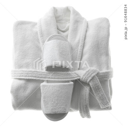 Clean folded bathrobe and slippers isolated on white, top view Clean folded bathrobe and slippers isolated on white, top view 91648834