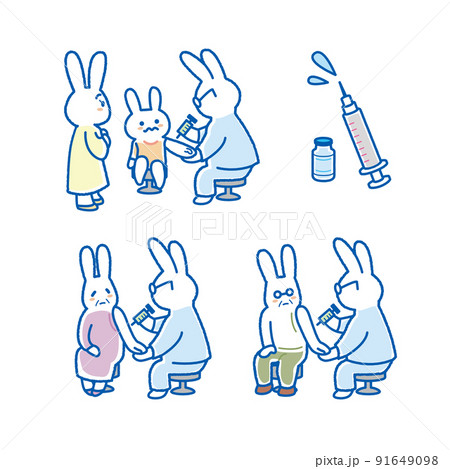 高齢者、子供、ワクチン接種のイラストセット　うさぎ　 91649098