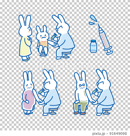高齢者、子供、ワクチン接種のイラストセット　うさぎ　 91649098