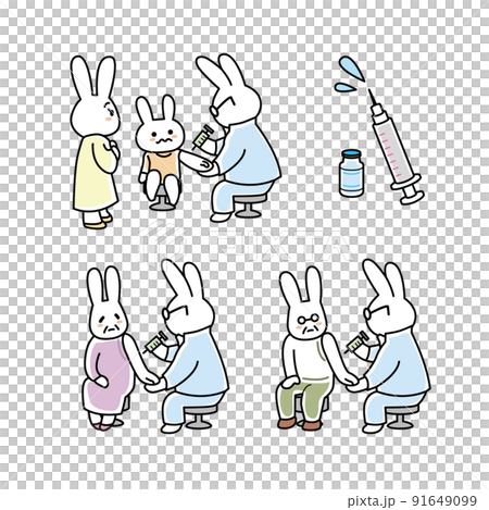 高齢者、子供、ワクチン接種のイラストセット　うさぎ　 91649099
