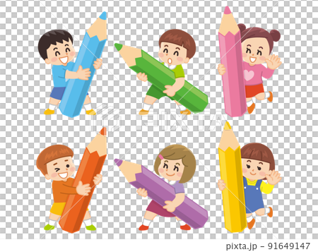 子供達が大きな色鉛筆で遊んでいる 91649147