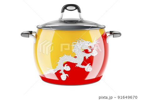 Bhutanese national cuisine concept. Bhutanese flag painted on the stainless steel stock pot. 3D rendering 91649670
