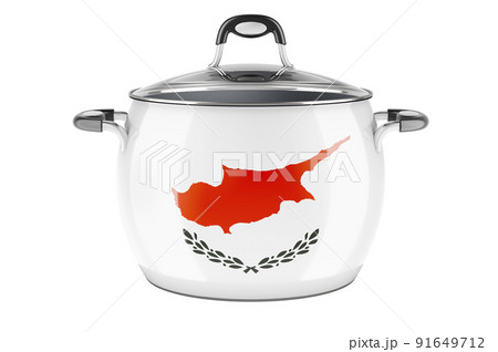 Cypriot national cuisine concept. Cypriot flag painted on the stainless steel stock pot. 3D rendering 91649712